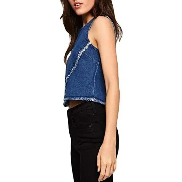 BCBGeneration Denim Crop Top Frayed Hem Blue Medium Wash Denim Top SZ L NWT - Picture 2 of 5